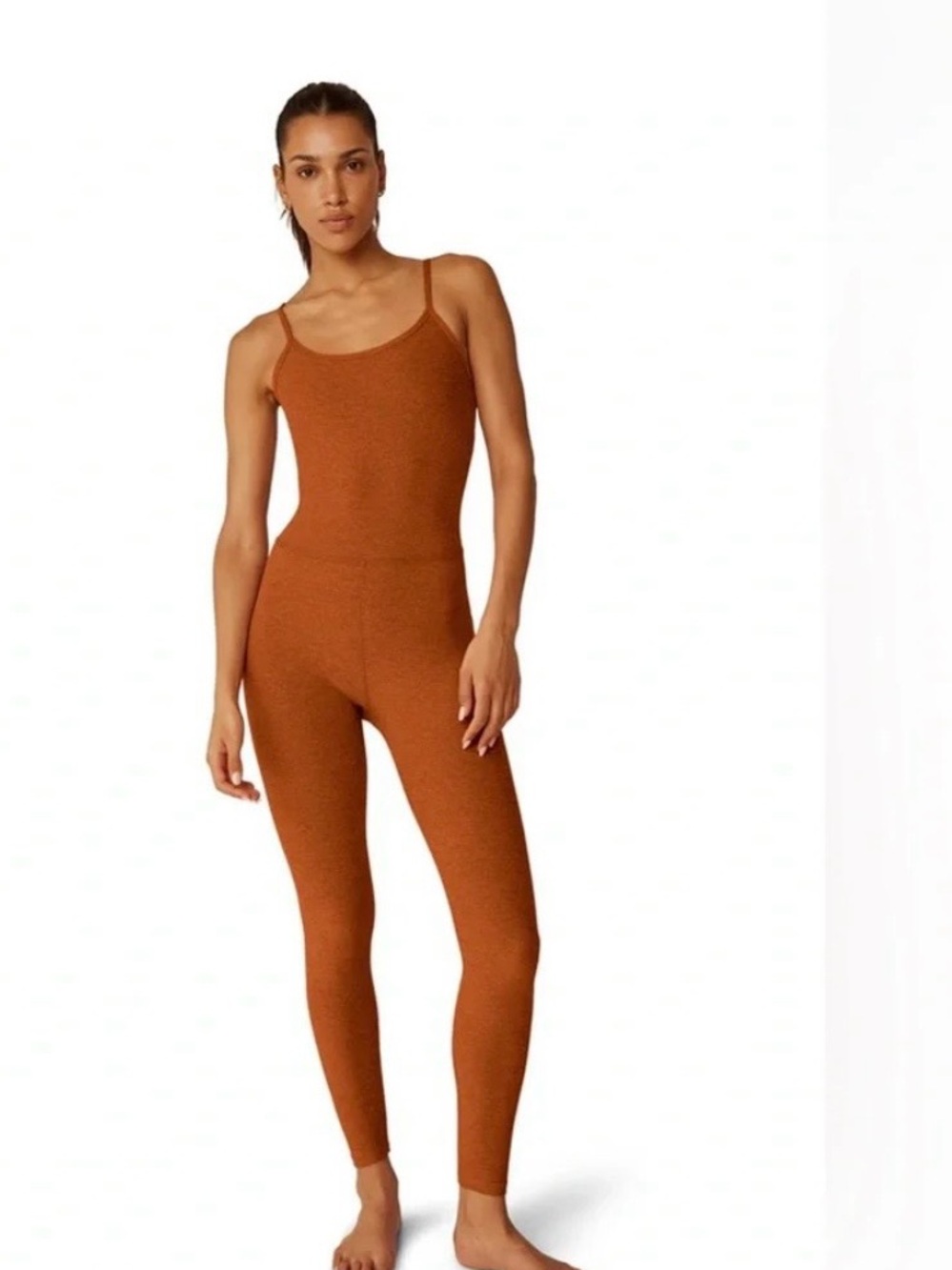 Beyond Yoga Uplevel Space Dye Midi Toffee Brown Stretch Jumpsuit